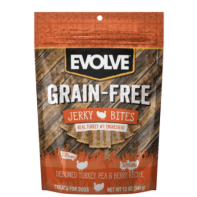 Evolve perro snacks libre de granos jerky sabor a pavo