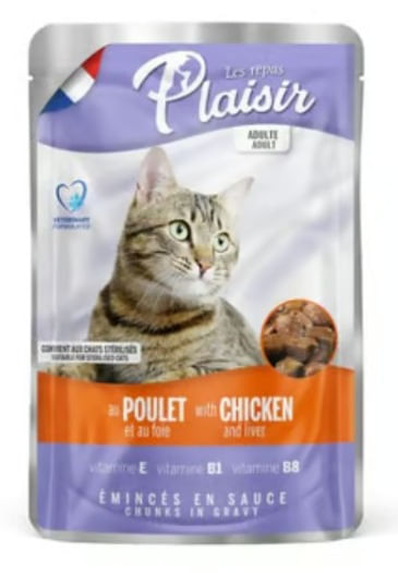 Pouch Plaisir para gato adulto. Trozos de pollo e higado en salsa