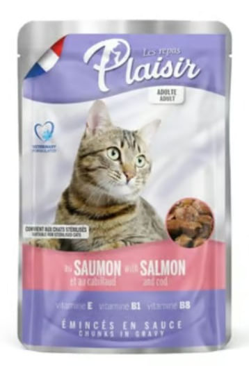 Pouch Plaisir para gato adulto. Trozos de salmón y bacalao en salsa